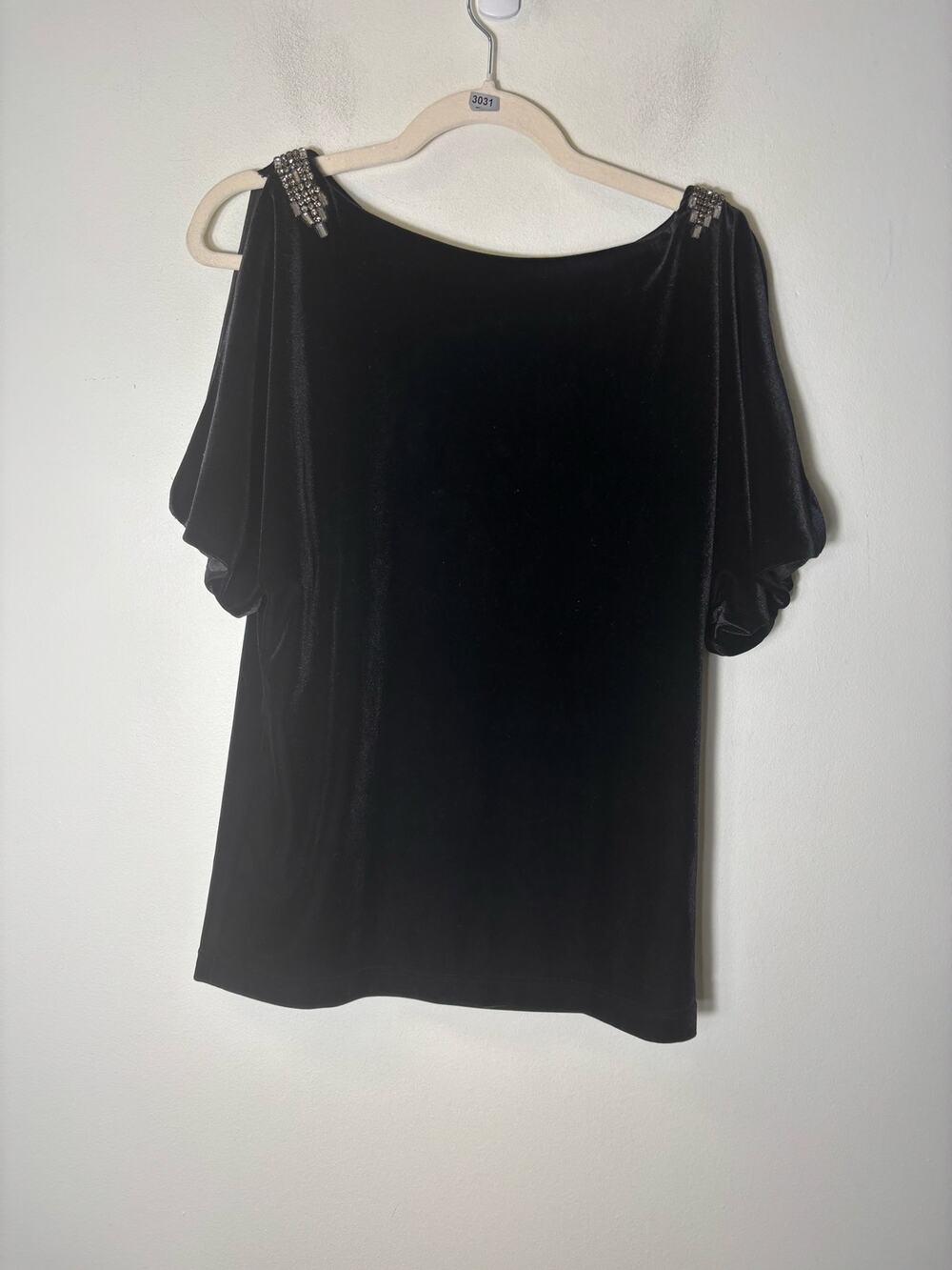 Adrianna Papell Evening Essentials Black Velour Cold Shoulder Half Sleeve TopSzS